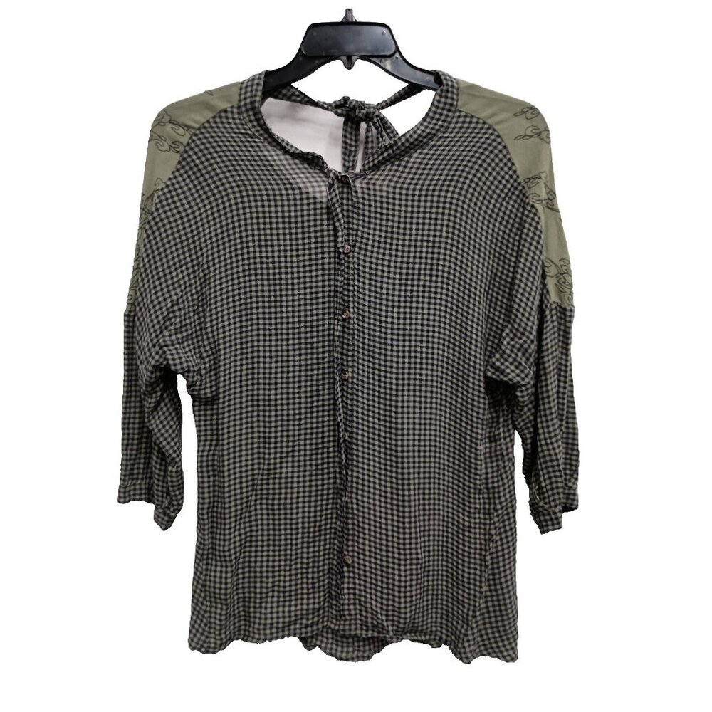 XCVI Womens BOHO‎ Top XS Green Gingham Floral Embroidered Tie Back 3/4 Sleeve